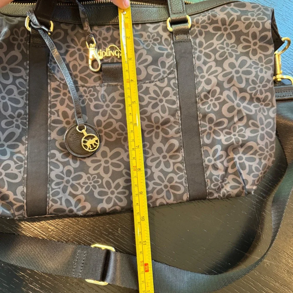 Kipling Black Grey Floral Nylon Satchel Crossbody Bag Gold Hardware Charm